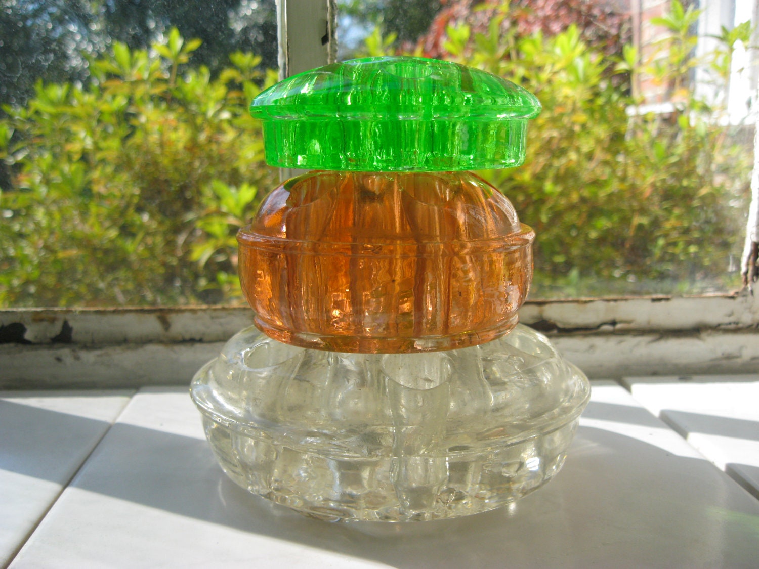 Glass Flower Frogs, Vintage, Pink, Green, Clear, Floral Arrangement, Desk, Pencil Holders