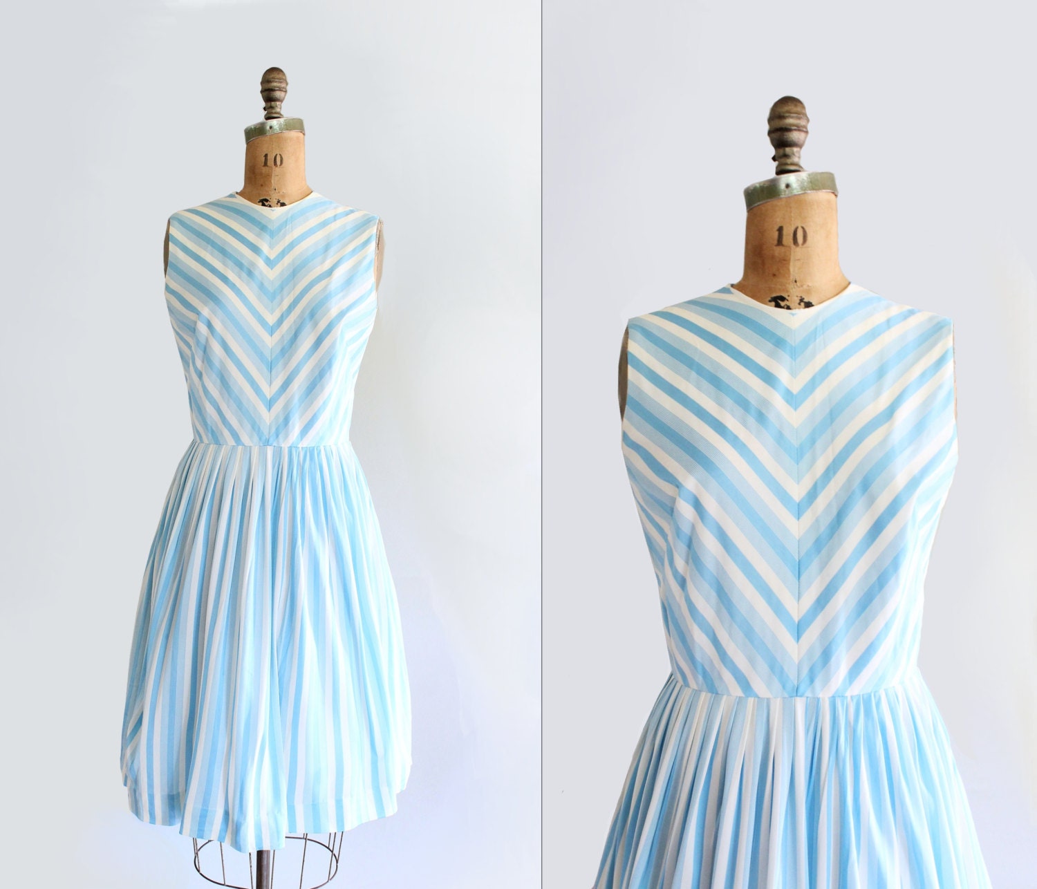 60s dress - vintage 1960s dress - sky blue & white - vertical stripes - chevron stripes - sleeveless - summer dress - Small