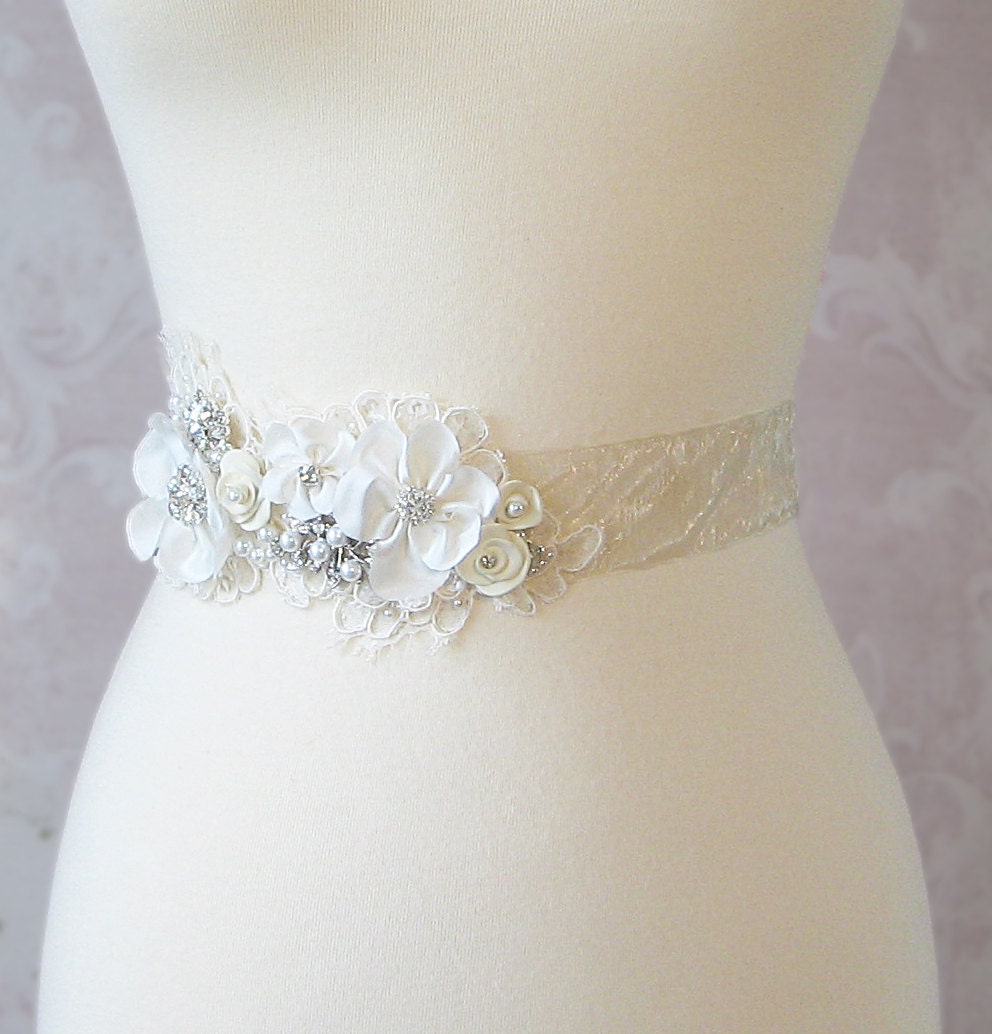 Creamy Ivory Bridal Sash, Wedding Belt, Rhinestone and Pearl Flower Sash with Alencon Lace - COTTAGE GARDEN
