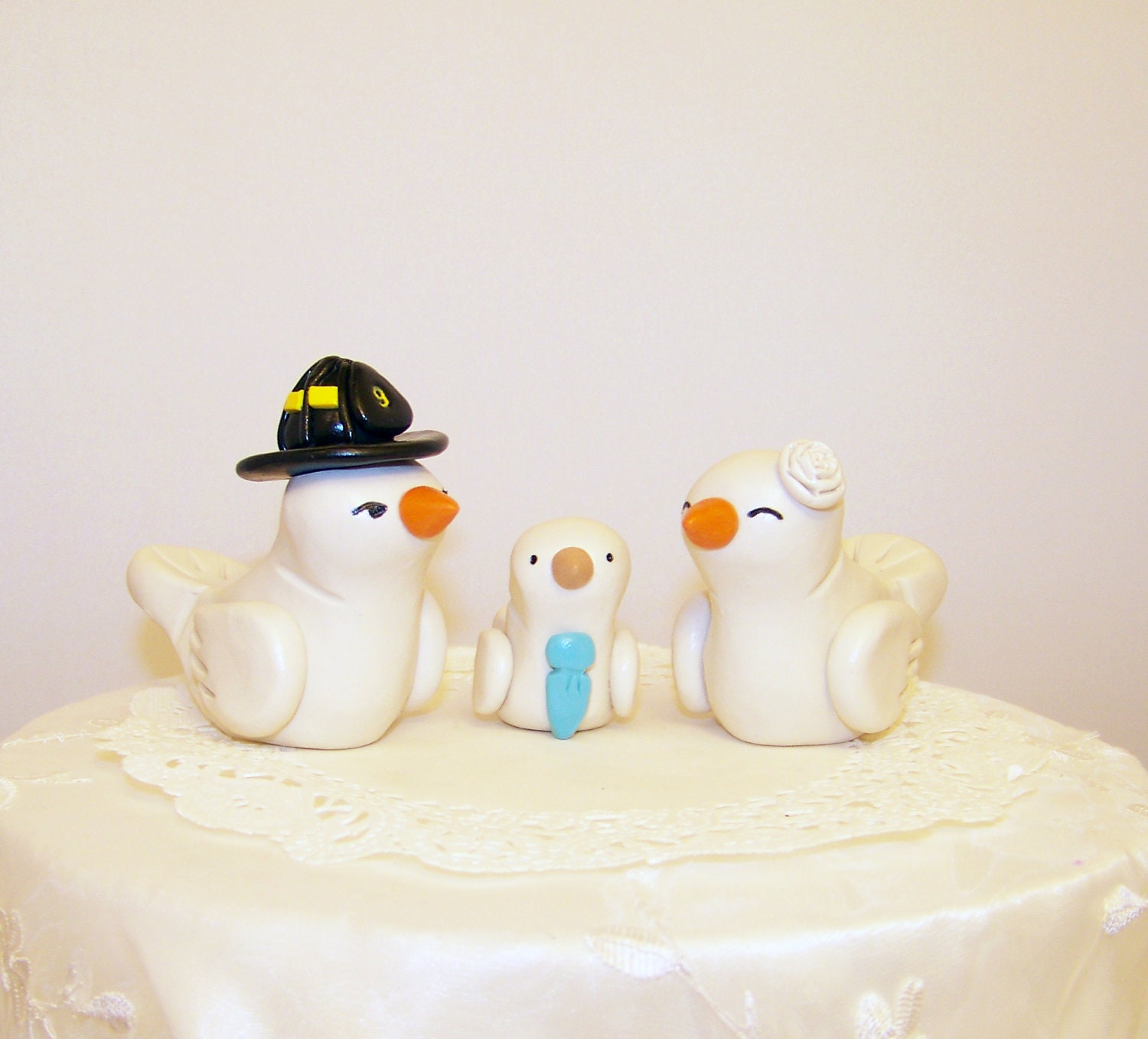 Firefighter Love Birds with Baby Bird Wedding Cake Topper  - Custom Large - Choice of Colors