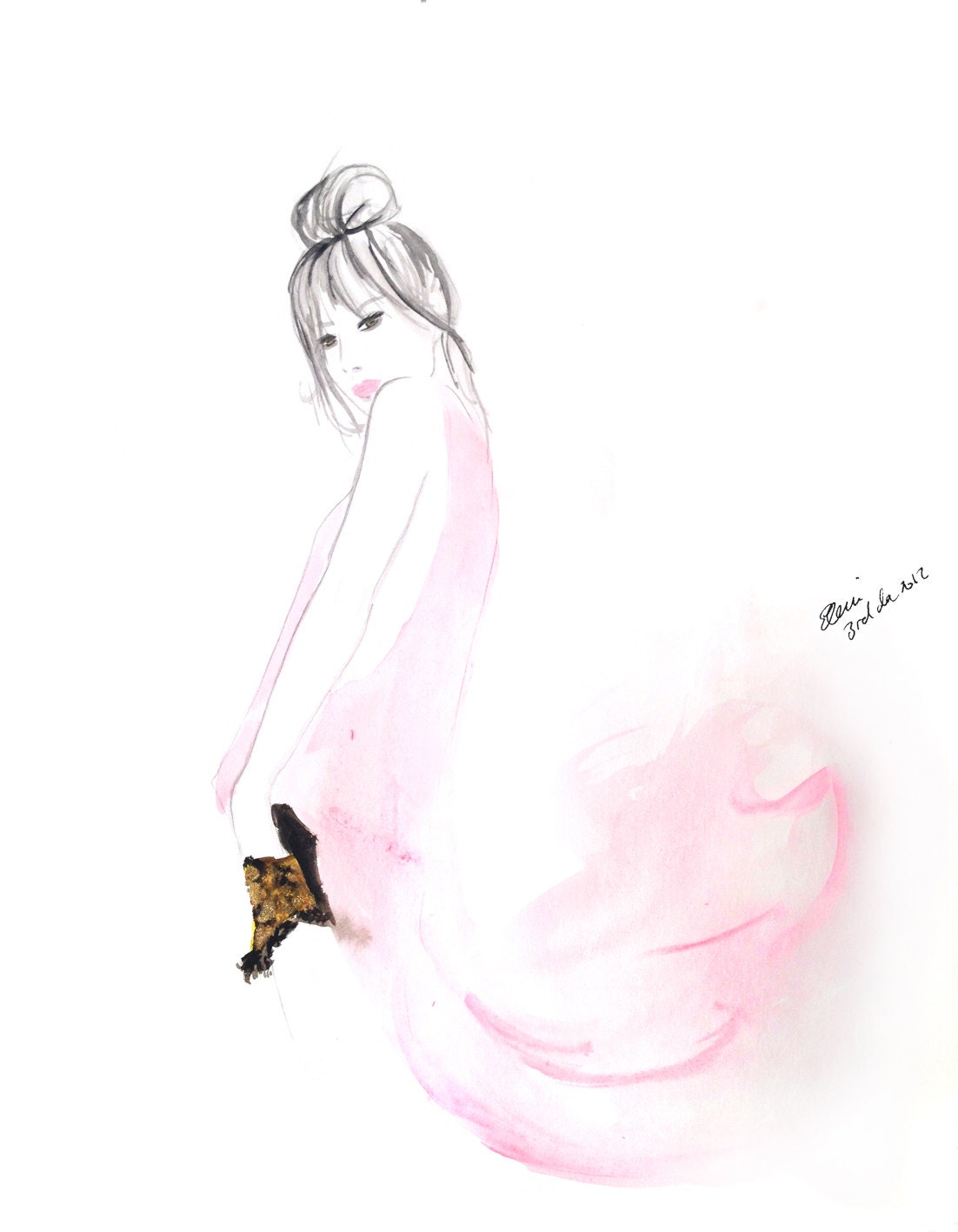 Print from original Watercolour and Gold Dust illustration by Eleni - Titled Fade to Pink - Free Shipping