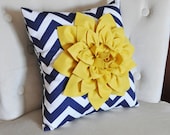 Mellow Yellow Dahlia on Navy and White Zigzag Pillow -Chevron Pillow-