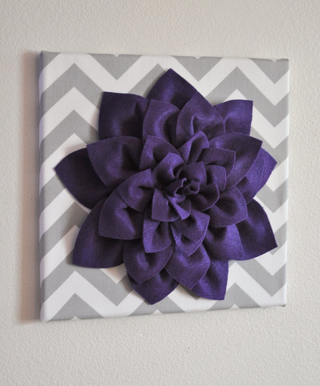 Wall Flower -Deep Purple Dahlia on Gray and White Chevron 12 x12" Canvas Wall Art- Baby Nursery Wall Decor-
