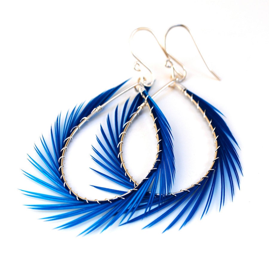 Feather Earrings - Spiked Feather Hoops - Olympian Blue