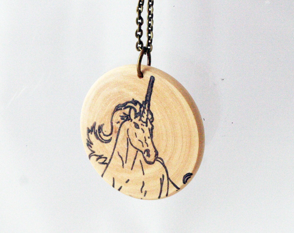 Unicorn print hand stamped wooden necklace