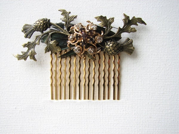 Scottish Thistle Hair Comb Vintage Rhinestone