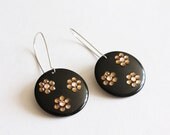 Round Black Earrings with Plum Flower Crystals