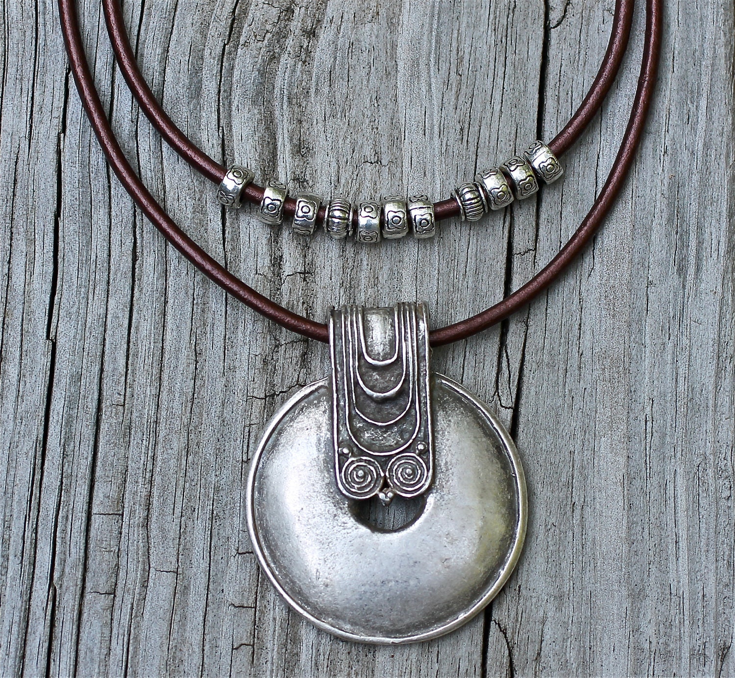Silver Tribal Pendant Necklace Hip Leather Necklace Silver Beads Gift For Her Amy FIne Design