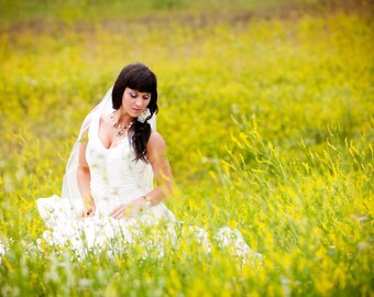 Kitty- Custom Silk Wedding Gown with Layered A-line Skirt and Ruffle Neckline