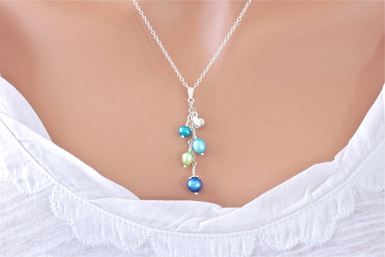 Blue and Green Pearl Necklace, Sterling Silver Necklace, Wedding Jewlery