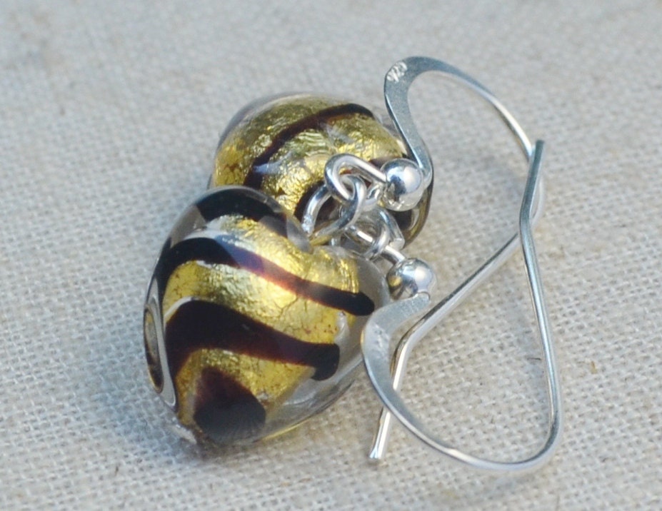 Chocolate Brown Striped Gold Earrings, Venetian heart dangle glass bead earrings, Wedding earrings, Murano glass jewelry by Dolce Beada