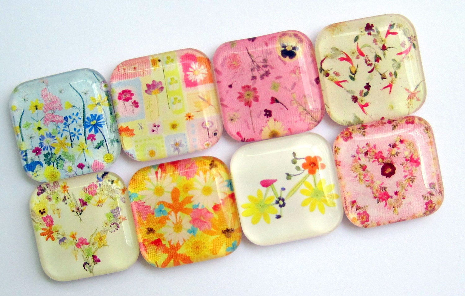 Flower Magnets - 1 Inch Premium Square Glass - Set of Eight
