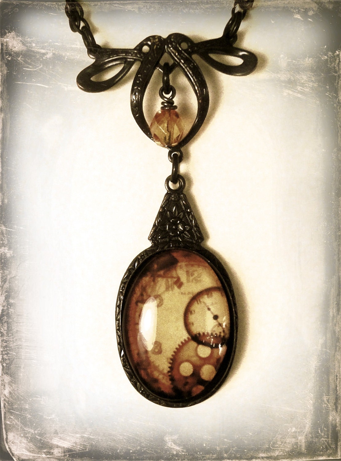 Clockwork Necklace Steampunk Jewelry Victorian Pendant Necklace Orange Glass Antique Style