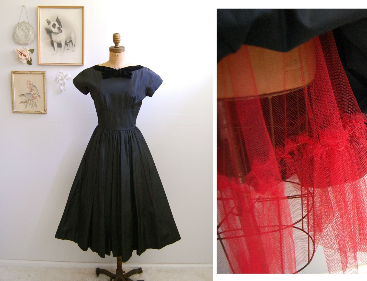 Vintage 1950s Cocktail Dress - 50s Black & Red Tulle Dress - The Sophie