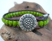 Leather wrap bracelet - Sunflowers - stack bracelet, Olive green czech glass, fine silver, bohemian jewelry boho chic fashion