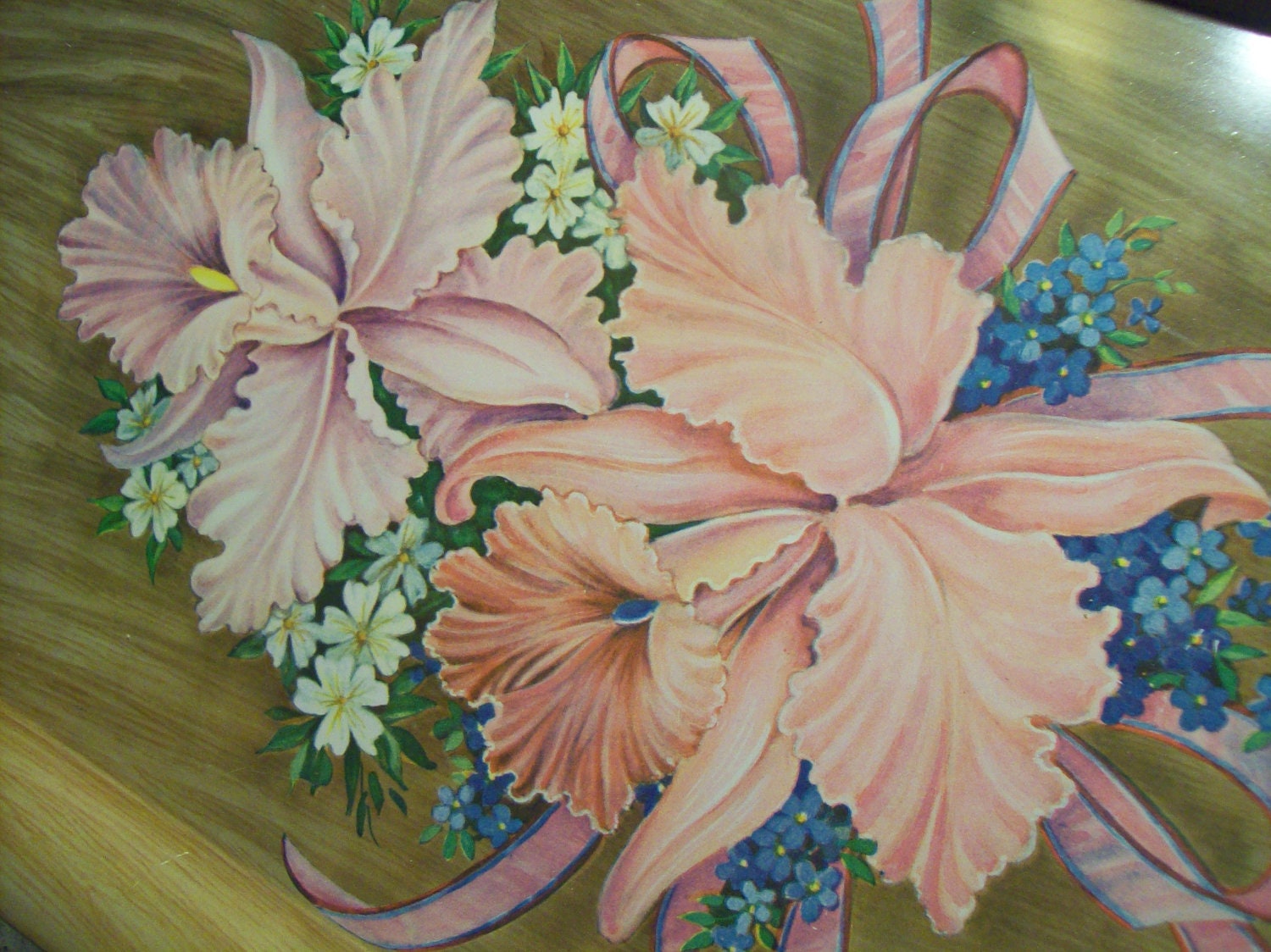 Vintage Large Metal Tray Pink and Lavender Orchids on a Wood Grain Tone Background