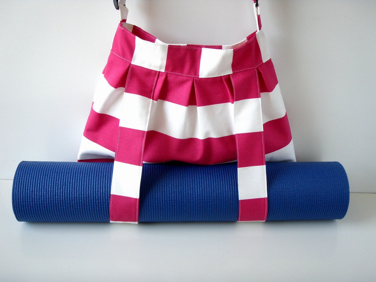 Yoga Mat Bag Pink White Stripes Big with Straps for Yoga Mat Handmade hobo cross body BabiminiS