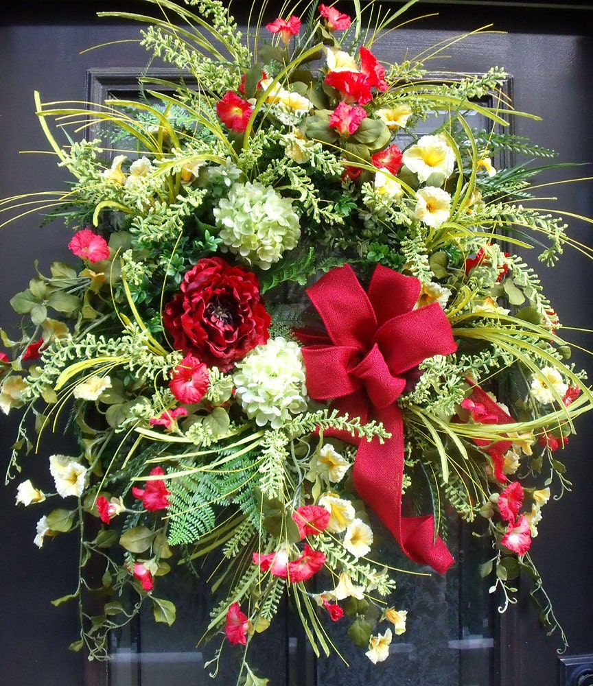 Red Wreaths, Wild and Woodsy Wreath, Summer Door Wreaths, Red and Yellow Petunia Wreath