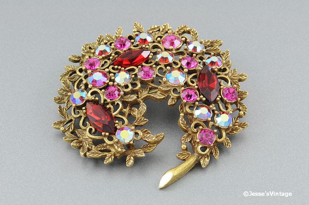 Vintage Emmons Brooch Pink AB & Red Rhinestones Gold Tone
