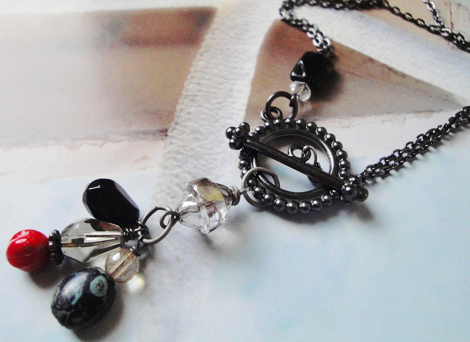 Red & Black Drama Toggle And Czech Glass Dangle Necklace Gun Metal Grey Chain Choker Style