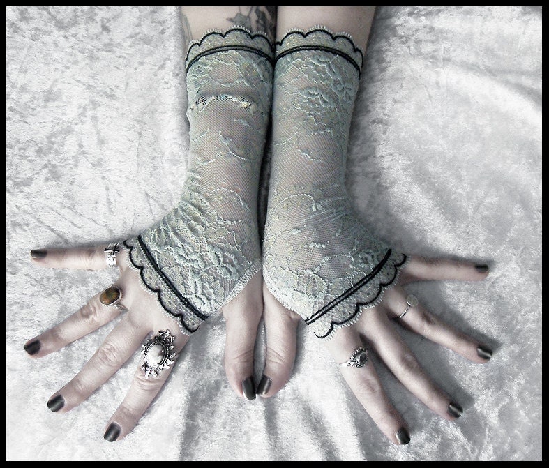 Miriel Lace Fingerless Gloves - Robins Egg Blue Floral Pale Gold Highlight - Black - Gothic Vampire Regency Tribal Bellydance Goth Fetish