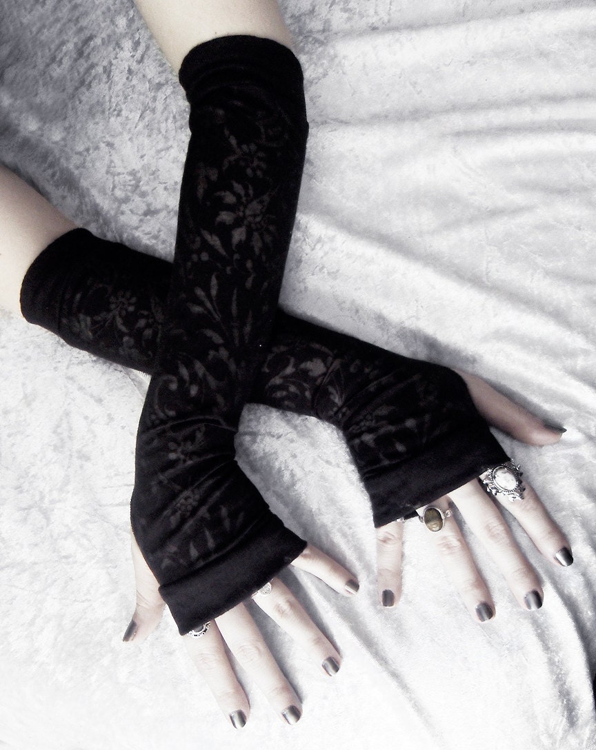 Sara Adorned Arm Warmers - Soft Black Floral Damask Burnout Cotton - Light Gothic Yoga Chic Goth Classic Lolita Vampire Cycling Emo Unisex