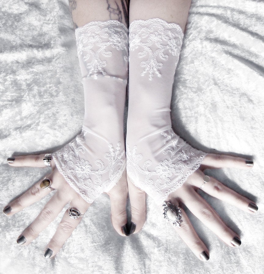 Imogen Long Lace Fingerless Gloves - Snow White Embroidered Floral - Wedding Gothic Vampire Fetish Tribal Bellydance Burlesque Goth Bridal
