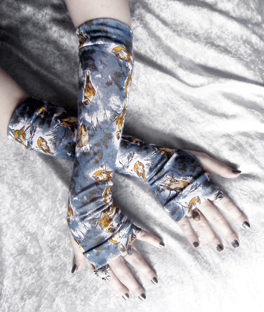 Passerine Arm Warmers - Grey Blue White Pale Yellow Ochre Brown Sparrows in the Forest - Yoga Gothic Tribal Steampunk Noir Gypsy Boho Autumn