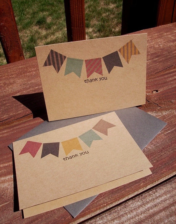 Kraft Bunting Banner Thank You Cards - Party Banners Pennant Flags, Bunting Banner Thank You Notes, Red Navy Aqua Blue Yellow Tan Card Set