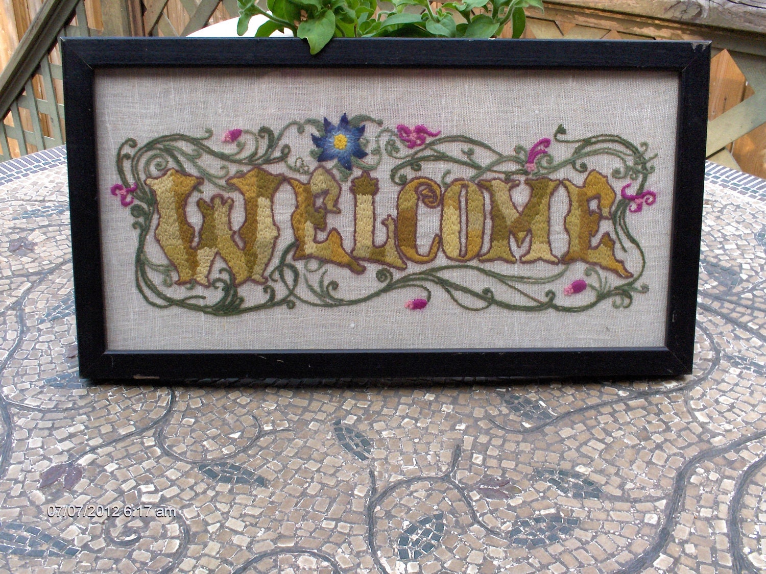 Vintage Framed Hand Crewel/Embroidered Welcome Wall Hanging - Lovely