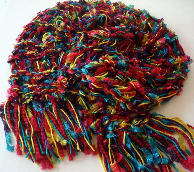 Handmade Knitted Fringe Scarf red yellow blue orange  turquoise ready to ship