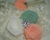 Peach Mint Ivory Rose Lace Garter SET Something Blue Bride Bridal Silk Bud Wedding Flower Rhinestone Coral Salmon Green Woodland Sage Pink