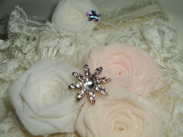 Trio Ivory Rose Lace Garter SET Something Blue Bride Bridal Silk Bud Wedding Flower Rhinestone Pink Peach Lemon Cream White