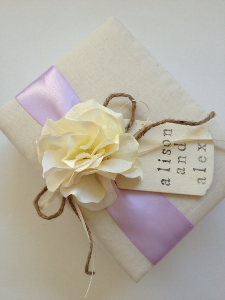 Custom Wedding Photo Album - Rustic Ivory Hydrangeas, Lavender Purple Ribbon - Hand Stamped, Personalized, and Gift Wrapped - Free Shipping