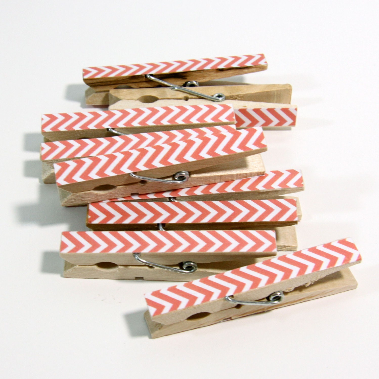Clothespins.  Set of Ten. Coral Chevron