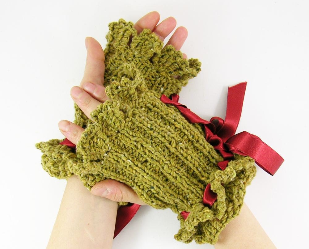 Knit fingerless gloves arm warmers fingerless mittens chartreuse green crochet lace tangerine orange ribbon victorian curationnation