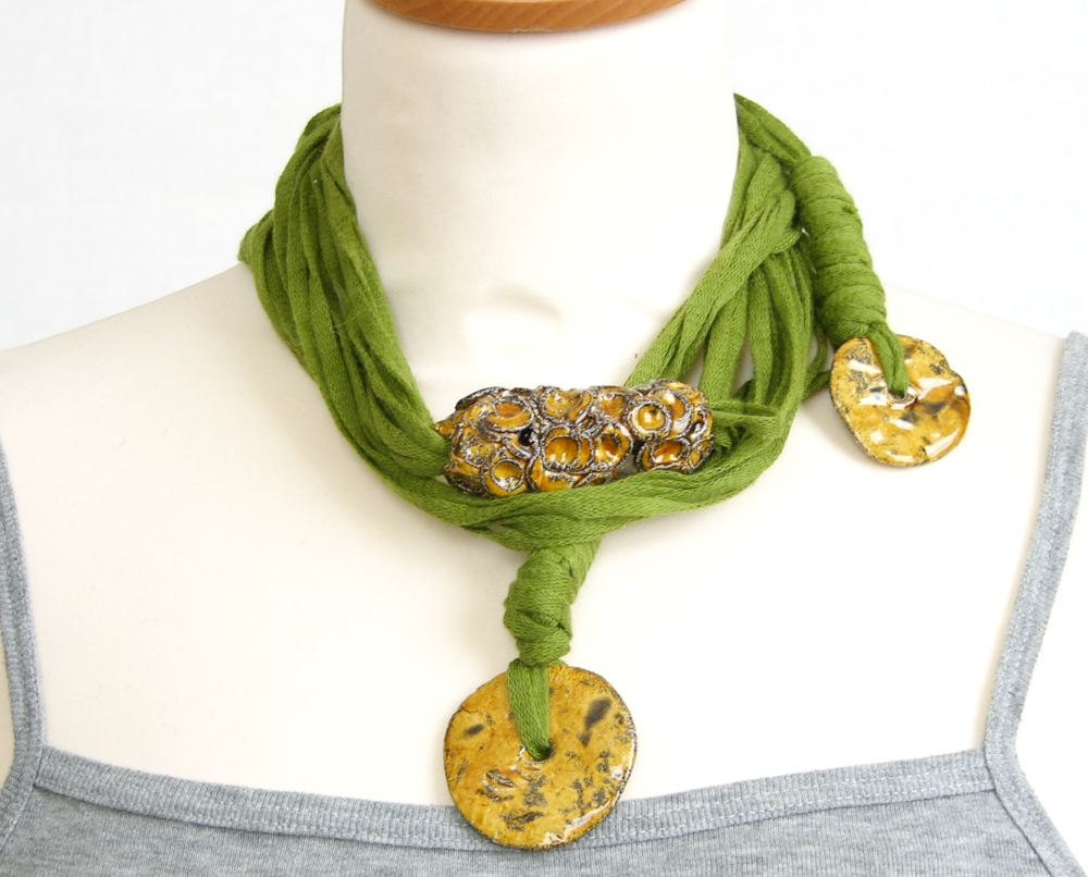 Skinny scarf lariat fiber necklace scarf necklace cotton ceramic long green brown vegan ooak ceramic beads curationnation therougett