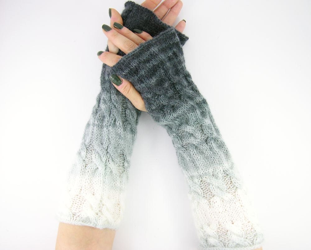 long knit fingerless gloves knit arm warmers fingerless mittens Cable knitted gloves grey ombre white tagt team teamt