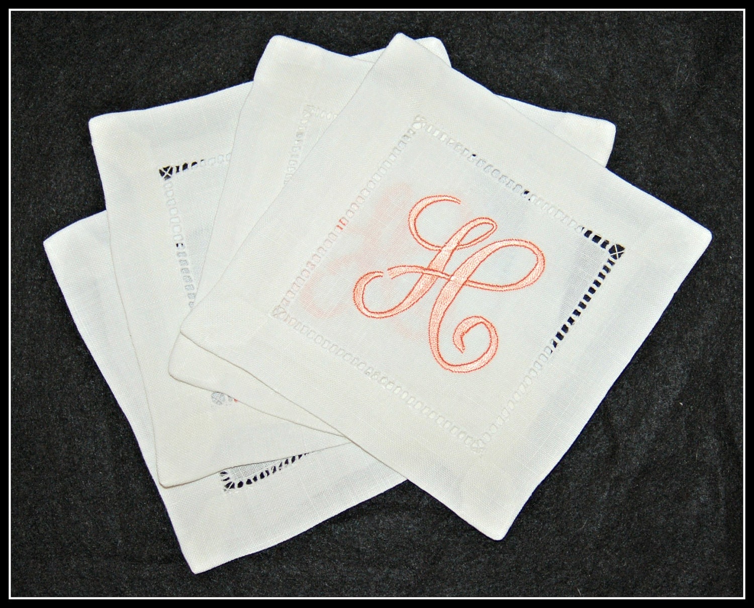 Set of 4 linen cocktail napkins monogrammed / personalized / embroidered in your choice of monogram and color