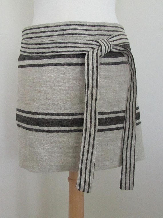 Half Apron Lithuanian Linen Black Striped Flax Natural Custom