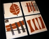 Retro Tiki Lounge Coasters -  Barkcloth & Ceramic Tile - Rust, Grey, Blk, Wht - Set of 4 - approx 4" x 4"