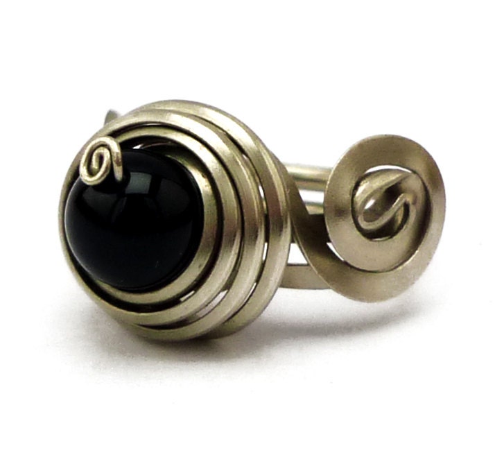 Wire Wrap Metal Ring with Black Onyx stone