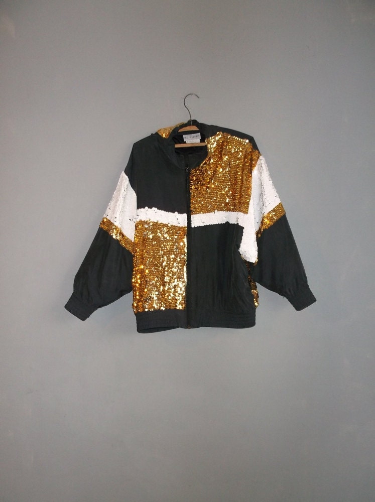 80s Bloomindales silk batwing sequin bomber / black gold white / trashion/ s sm m ml