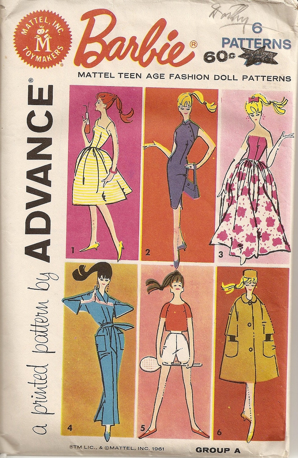 Vintage 60s Barbie Doll Clothes Craft Sewing Pattern for SIX OUTFITS, Advance 9938, Group A