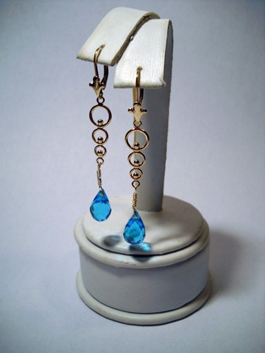 Gold Princess Earrings Long Dangle style with Faceted Briolet in Blue Topaz