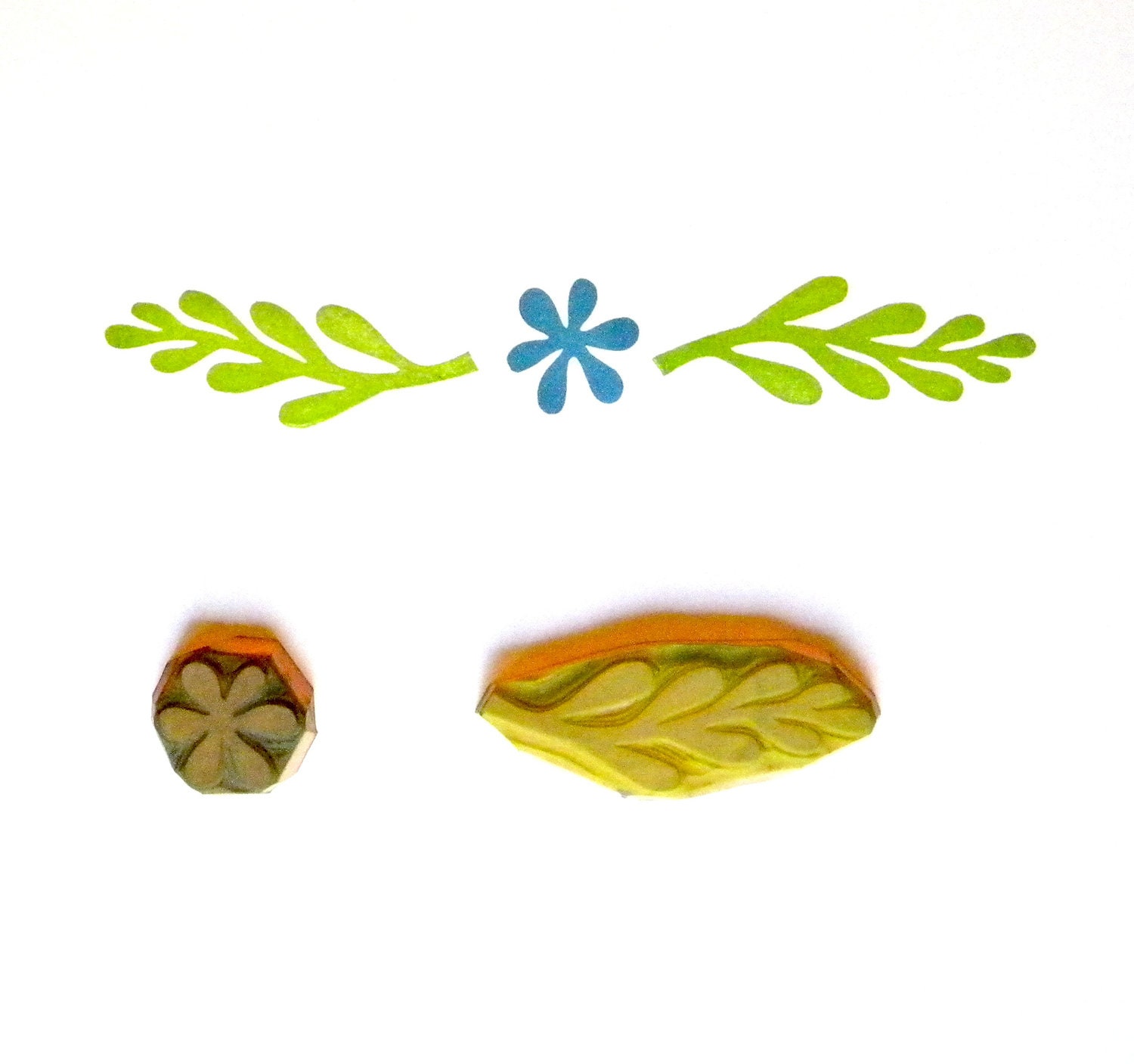 Set of 2 rubber stamps hand carved floral folk art