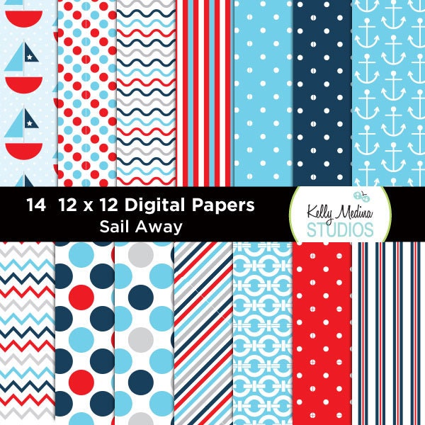 Sail Away - Designer Paper Pack - Digital Elements for Cards, Stationery, Backgrounds, Paper Crafts and Products