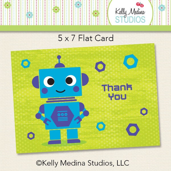 Robot Birthday Thank You Card Flat Card - Pink - Printable Digital Fill In The Blank Note Card - Personal Use Only
