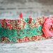 Summer Fair - coral, aqua and brown pleated ruffle with silk flower and lace tieback
