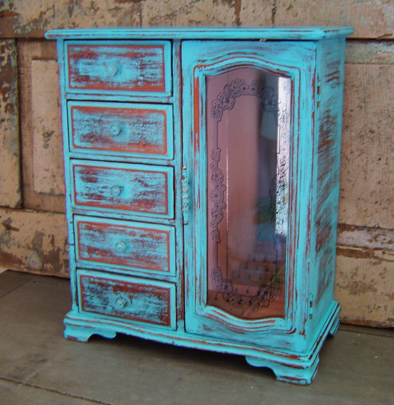 Jewelry Box Turquoise Distressed Wooden Large